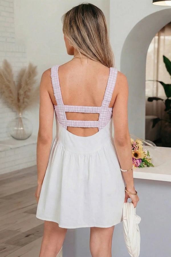 Gingham patchwork faux two-piece loose mini dress back view — Fashionfitz UK