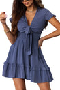 Blue v neck knotted ruffle layered flare mini dress