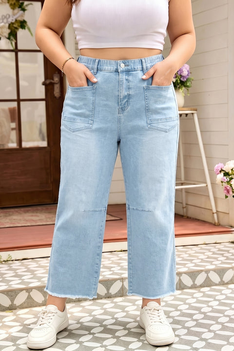 Seam detail patch pocket raw cut shift plus size jeans in beau blue — front view