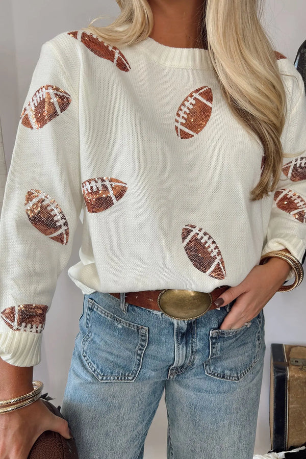 Beige sequin football print long sleeve sweater back view — Fashionfitz UK