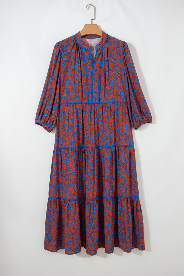 Brown floral tiered dress UK side view styled with sandals