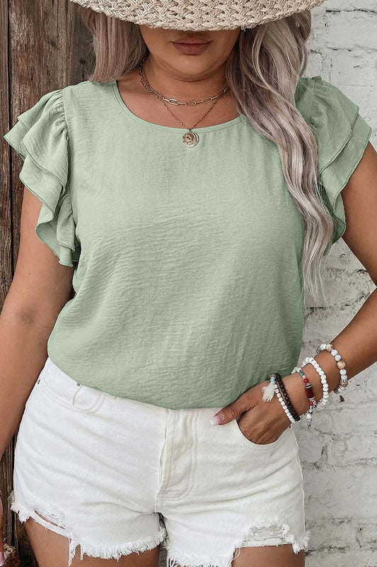Clearly aqua plus size ruffle sleeve crew neck top