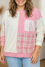 Pink Colourblock Plaid Panel Long Sleeve Plus Size Blouse