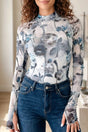 Sky blue floral mesh high neck long sleeve sheath top front view — Fashionfitz UK