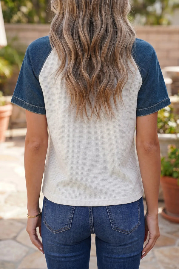 Denim patchwork polo collar tee back view — Fashionfitz UK