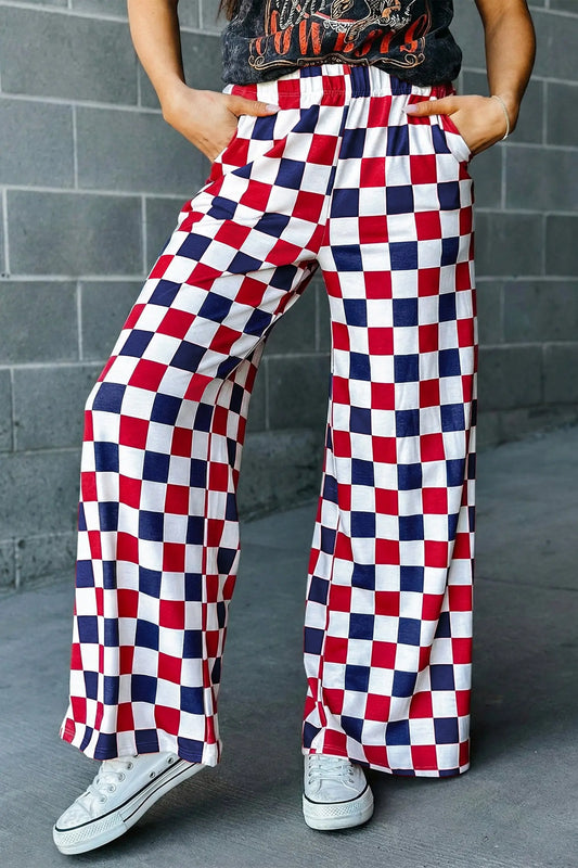 2-tone checked print high waist wide leg trousers with pockets