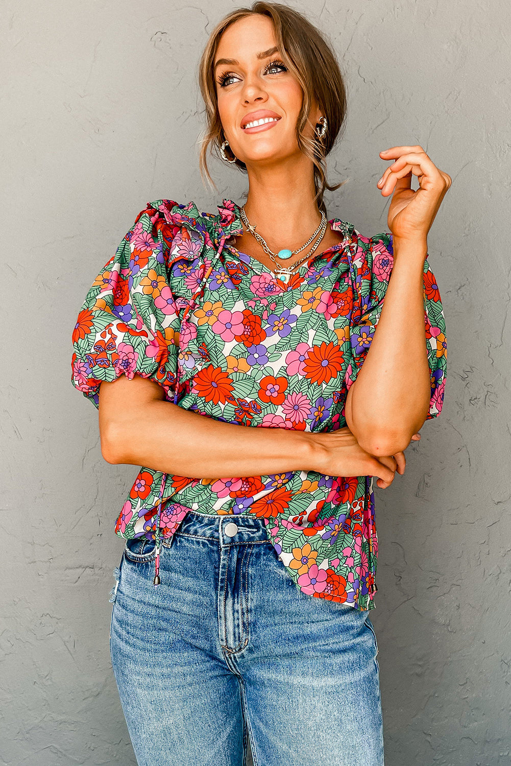 Red Floral Puff Sleeve Blouse