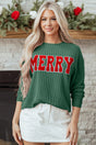 Evergreen Twisted Rib Outlined Merry Letter Graphic Loose Long Sleeve Top