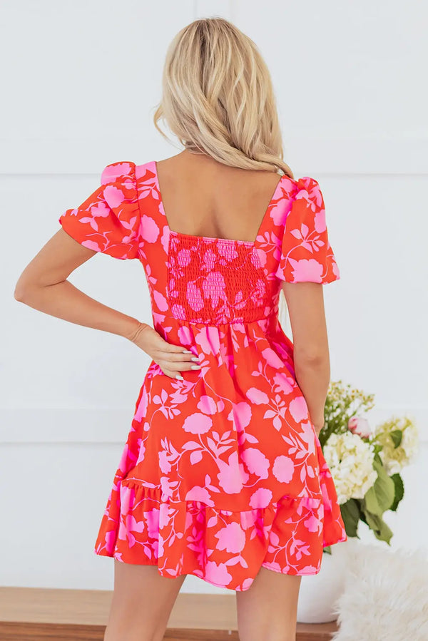 Red Floral Bubble Sleeve Sweetheart Neck Ruffled Mini Dress Women UK