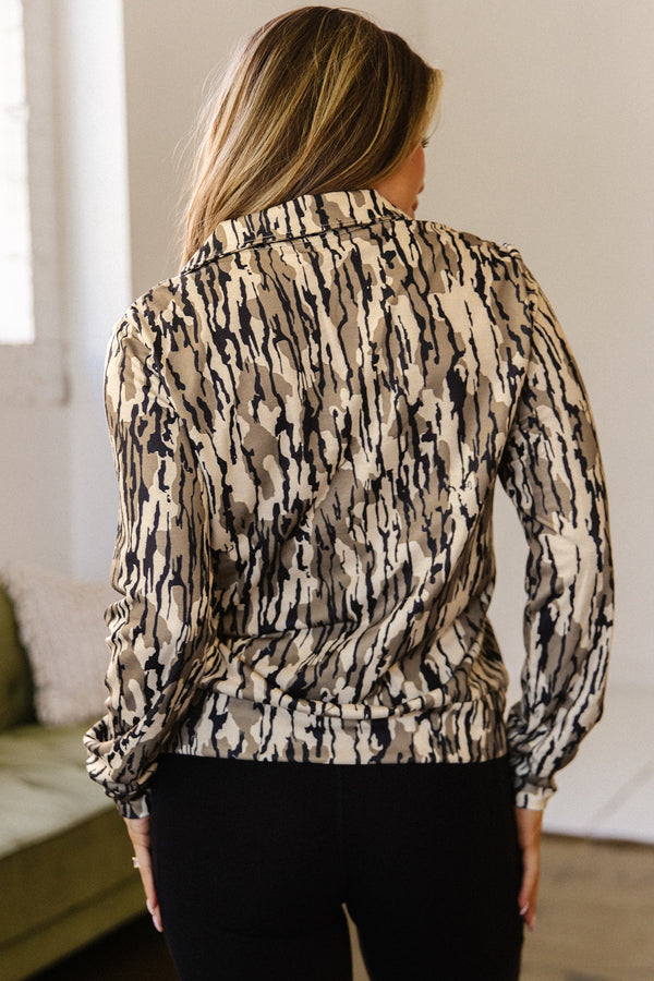 Brown camo zipper collar sweatshirt back view — Fashionfitz UK