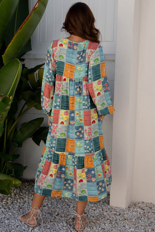 Floral Checkered Bubble Sleeve Ruffle Hem Maxi Dress Women UK