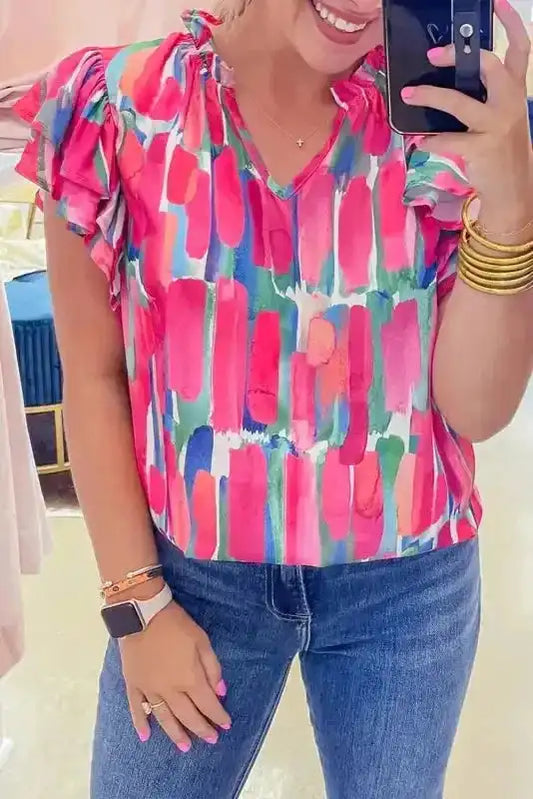 Abstract Brush Print Ruffled Sleeve Blouse - Fashionfitz