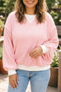 Plus Size Ribbed Knit Colorblock Long Sleeve Blouse Women UK