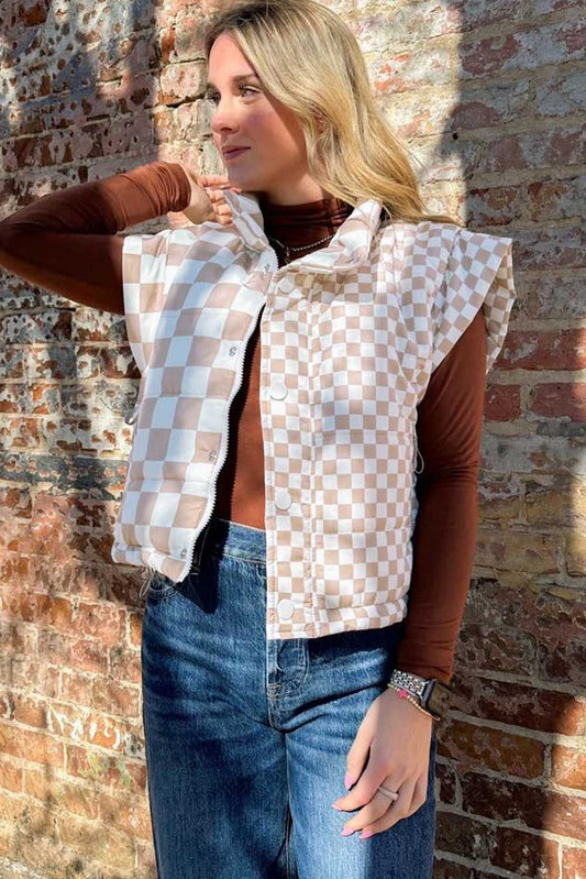 FashionFitz khaki plaid quilted gilet worn outdoors, showcasing sleeveless cut and dual-closure design for casual winter outerwear.