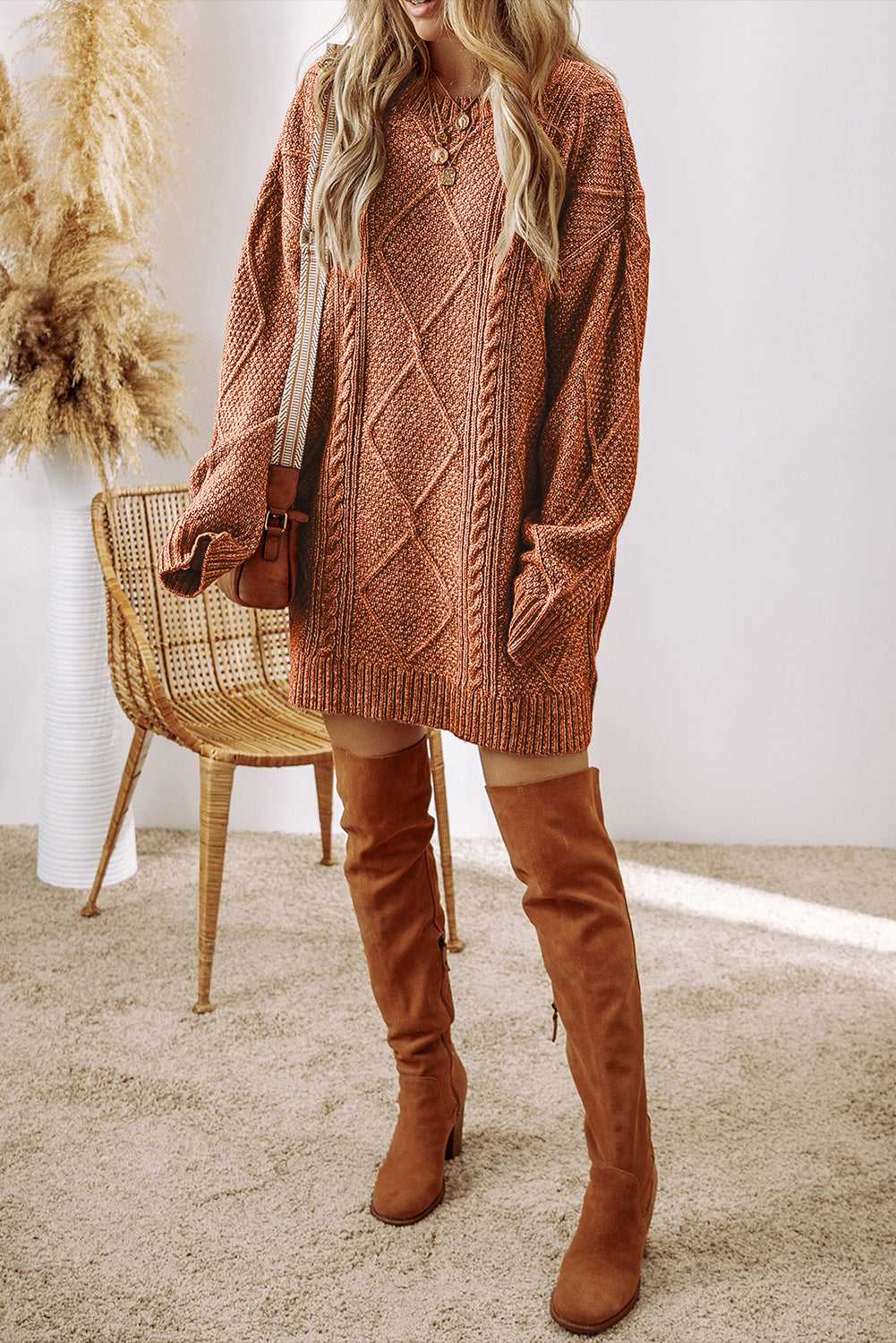 Cable Knit Jumper Dress - Drop Shoulder Loose Fit