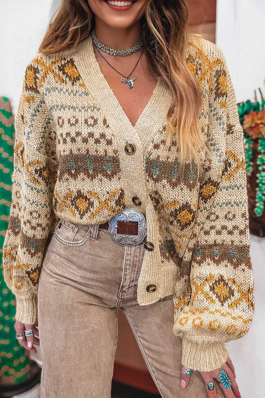 Women's Khaki Western Pattern Knit Cardigan styled with beige pants and layered necklaces. Cozy fall fashion from FashionFitz.