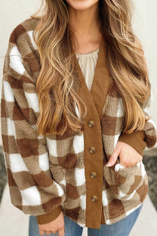Women's Brown Checkered Sherpa Cardigan with front buttons and cozy fleece texture, styled casually with jeans for winter fashion.