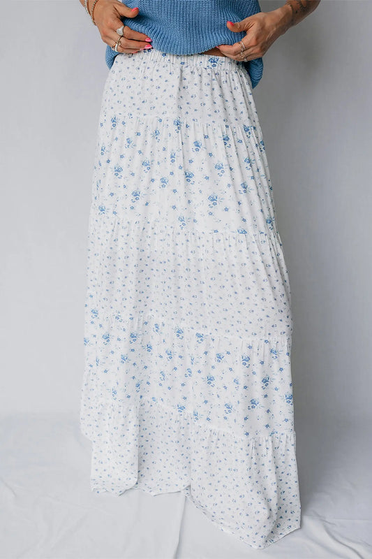 Sky blue tiered floral patchwork boho maxi skirt elastic waist ruffle hem skirts