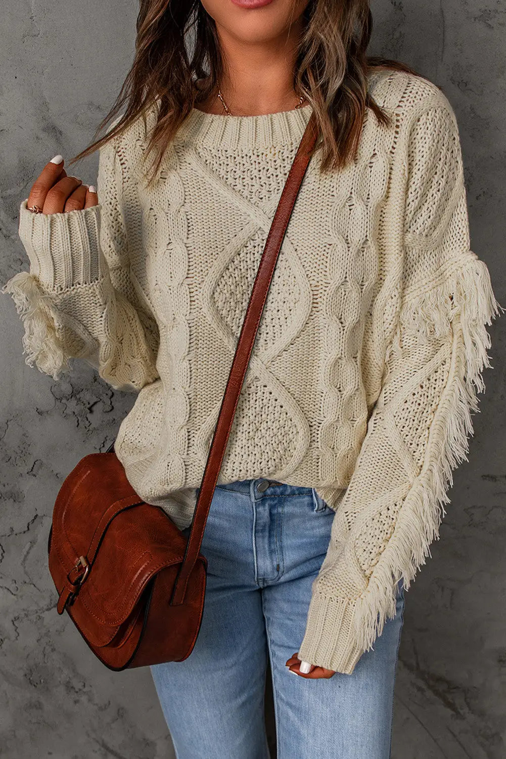 Apricot cable knit fringe trim sweater - s /