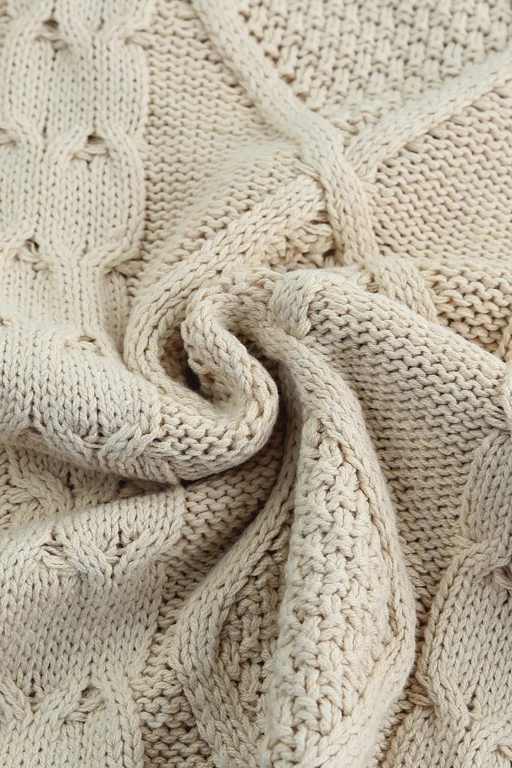 Apricot cable knit fringe trim sweater - tops