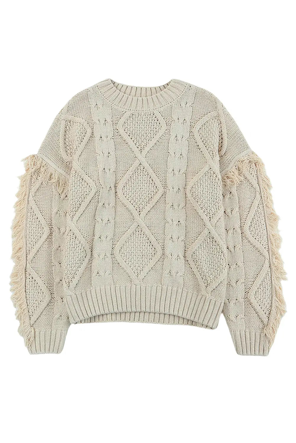 Apricot cable knit fringe trim sweater - tops
