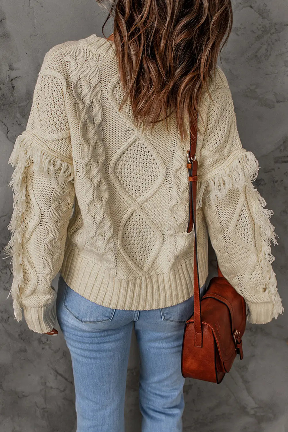 Apricot cable knit fringe trim sweater - tops