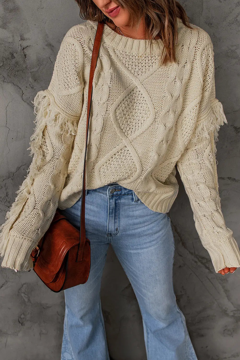 Apricot cable knit fringe trim sweater - tops