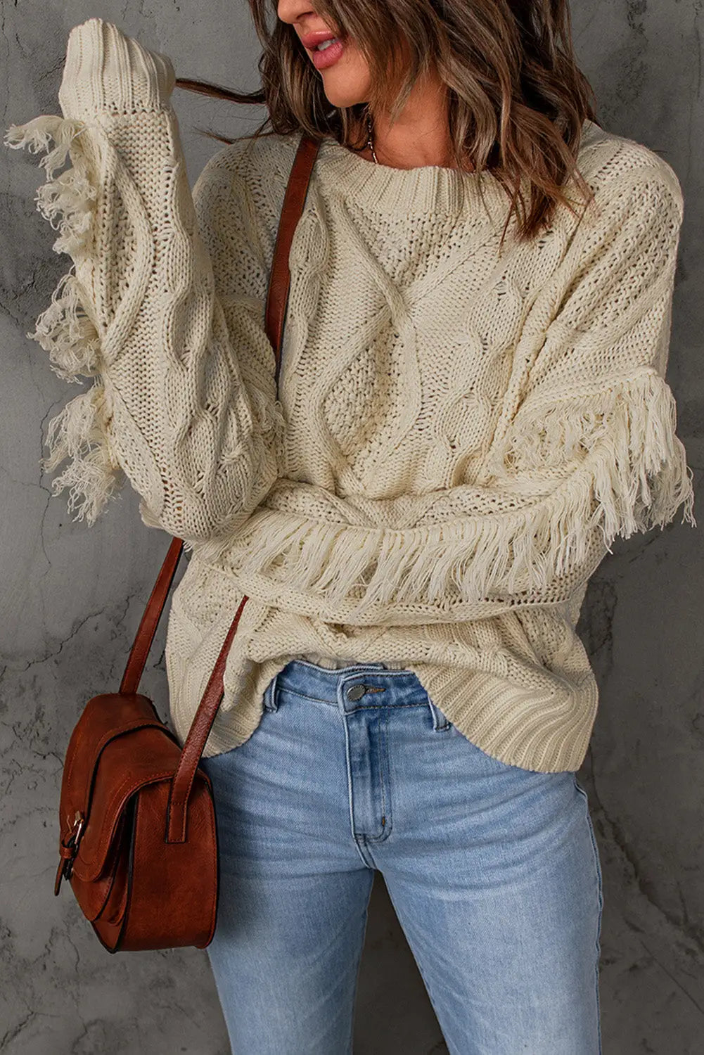 Apricot cable knit fringe trim sweater - tops