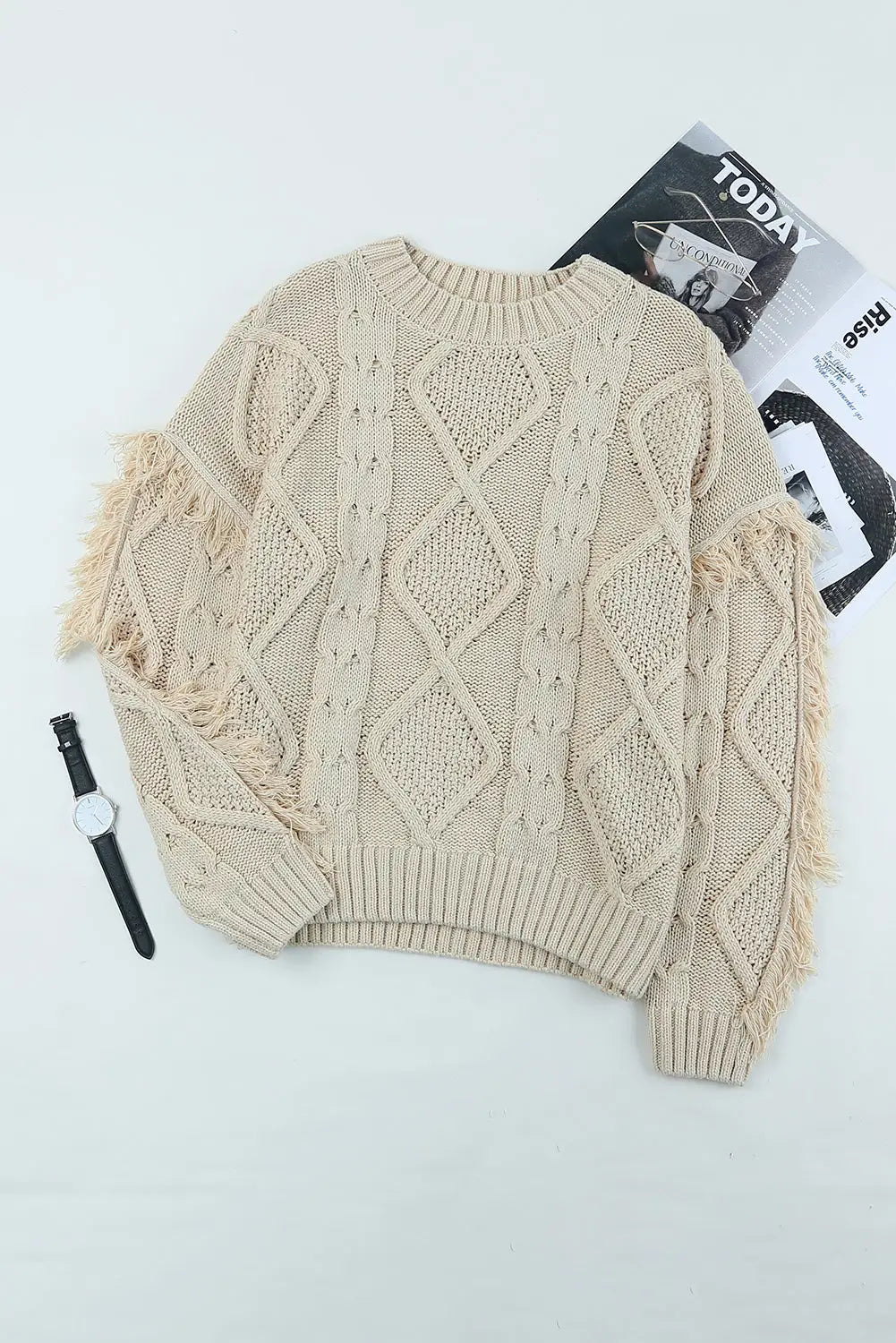 Apricot cable knit fringe trim sweater - tops