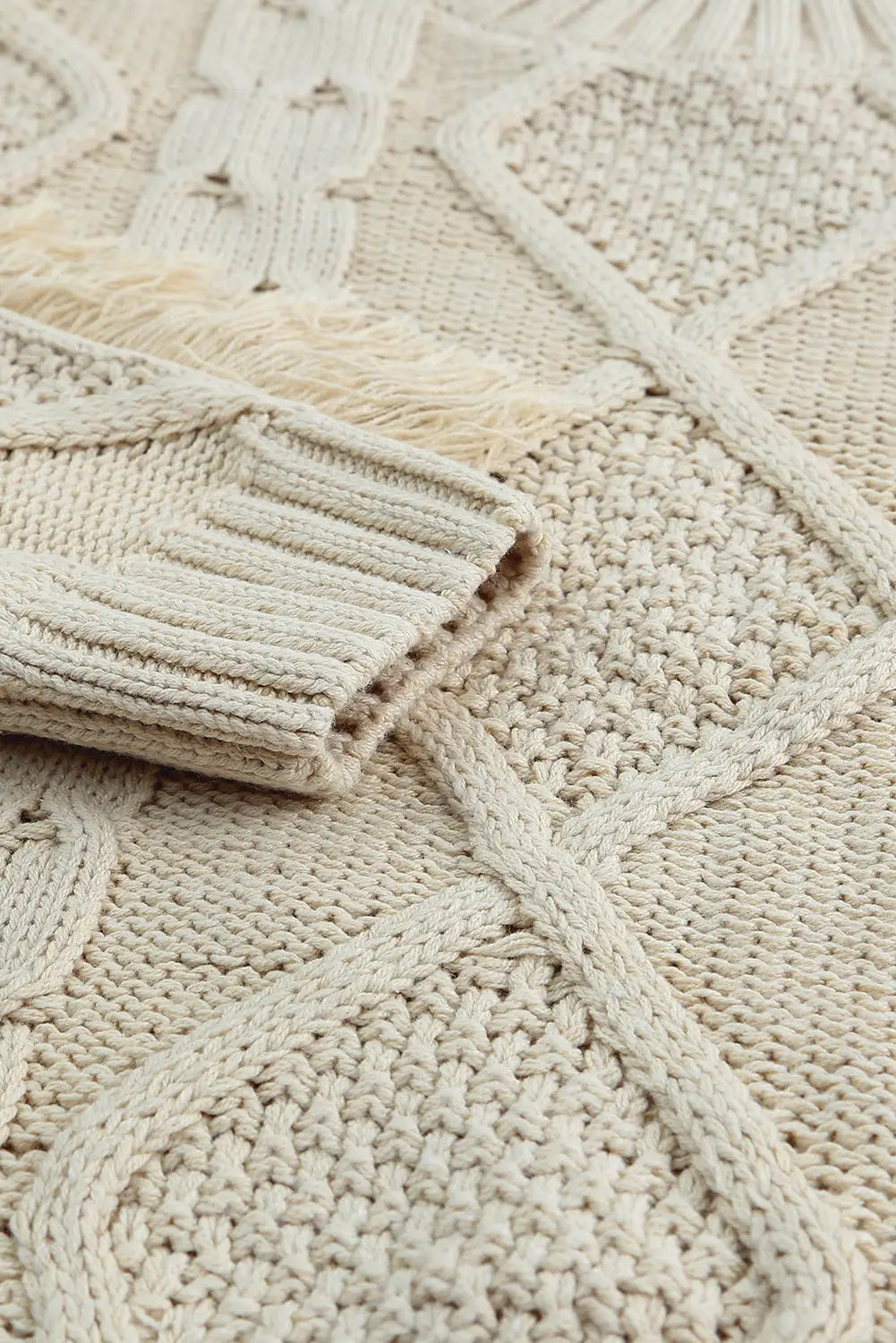 Apricot cable knit fringe trim sweater - tops