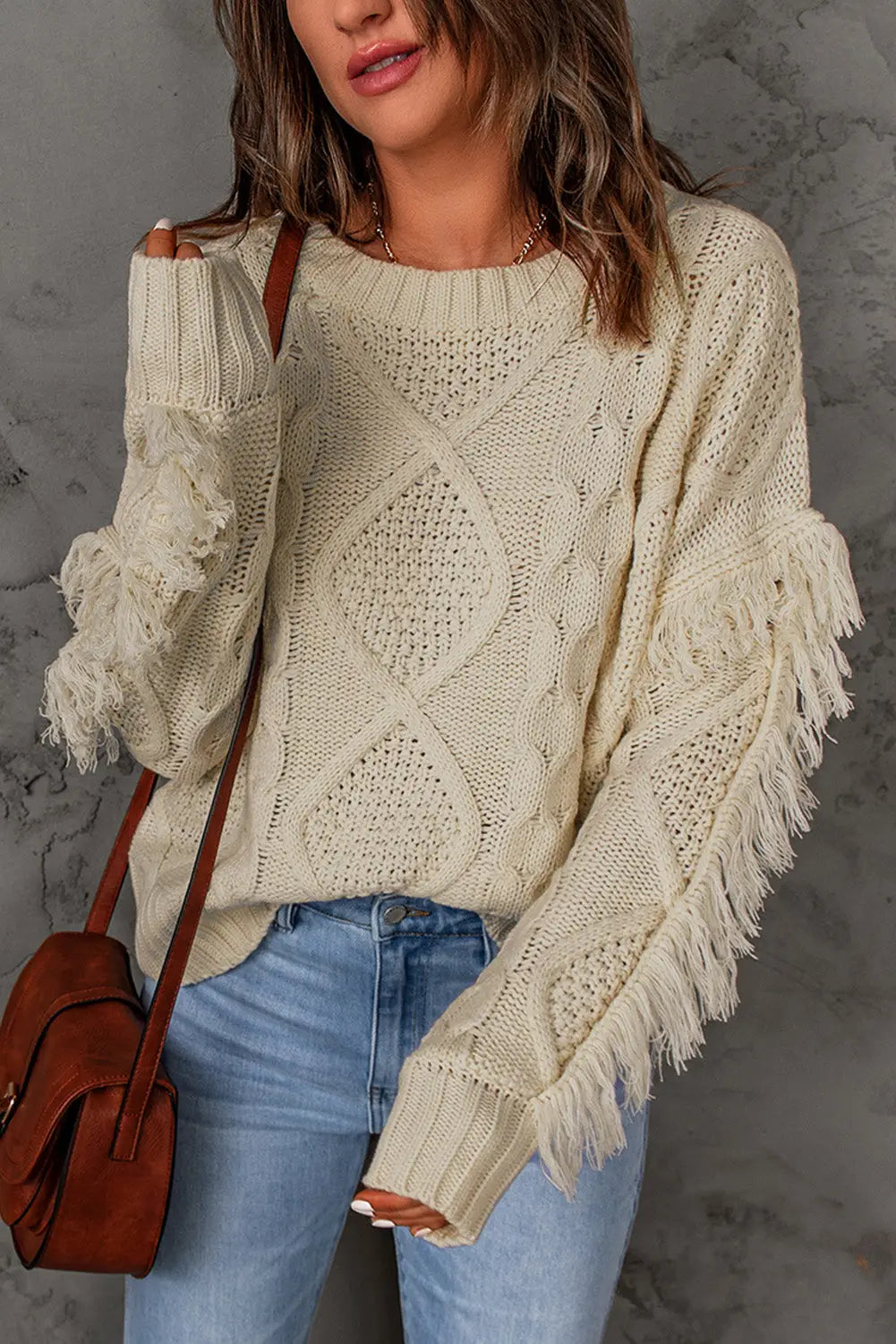 Apricot cable knit fringe trim sweater - tops