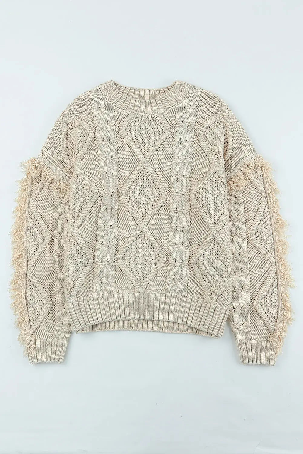 Apricot cable knit fringe trim sweater - tops