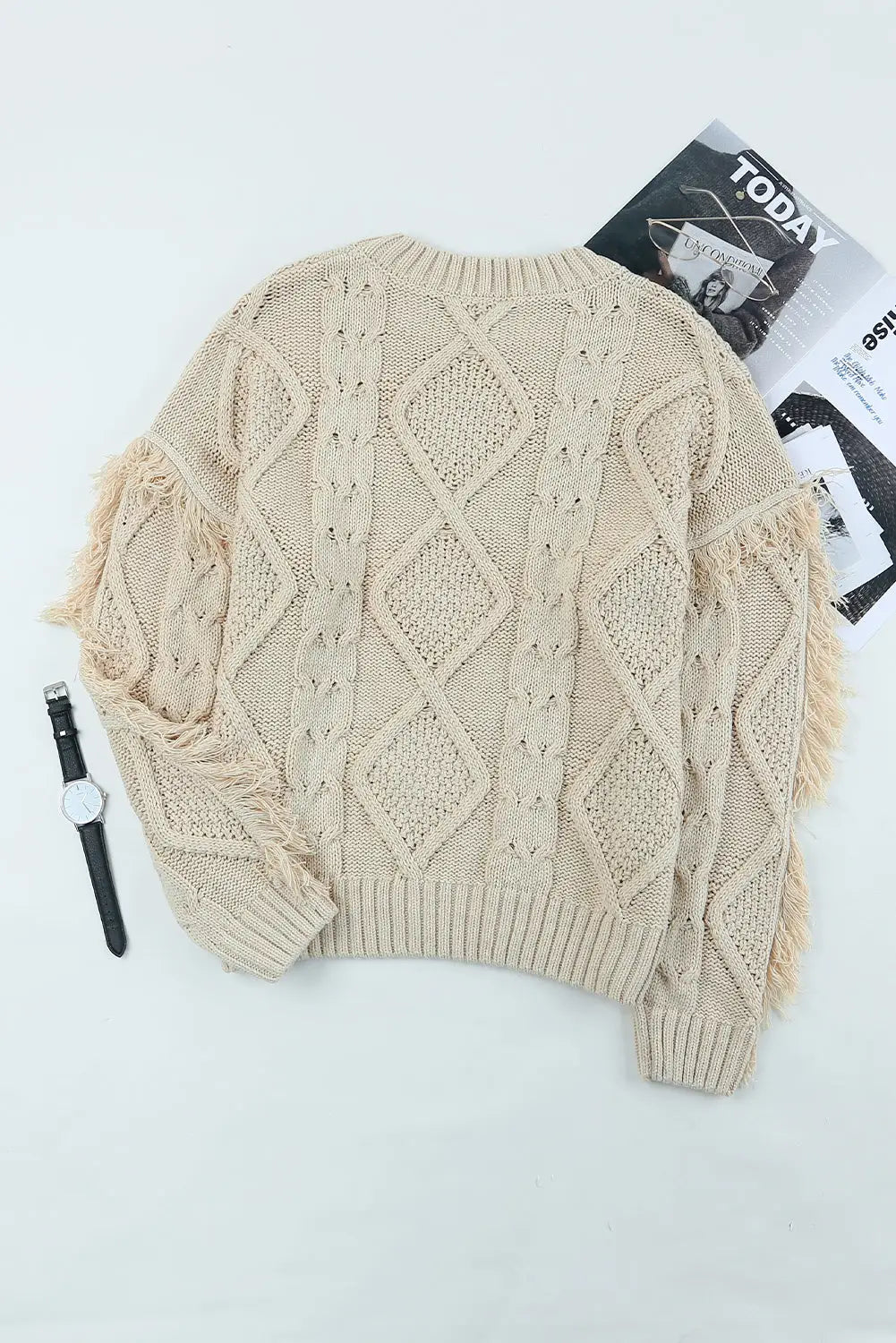 Apricot cable knit fringe trim sweater - tops