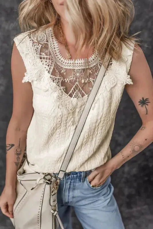 Apricot Guipure Lace Crochet Keyhole Back Tank Top - Fashionfitz