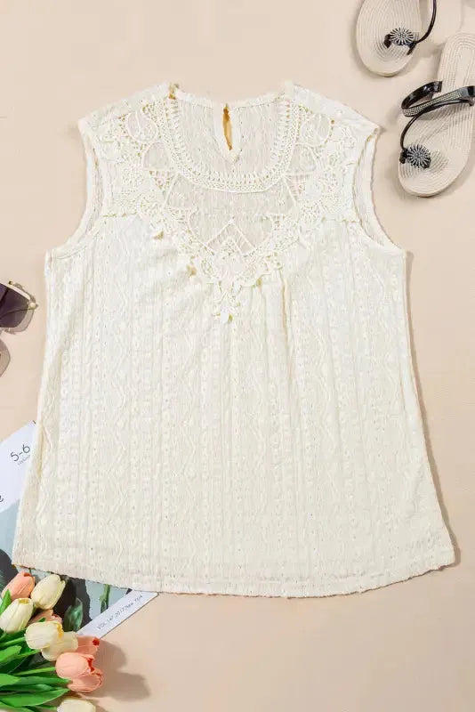 Apricot Guipure Lace Crochet Keyhole Back Tank Top - Fashionfitz
