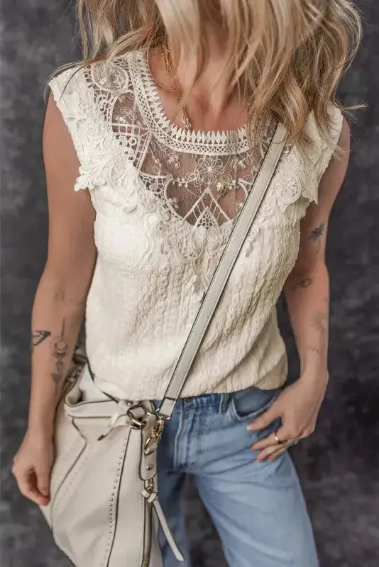 Apricot Guipure Lace Crochet Keyhole Back Tank Top - Fashionfitz