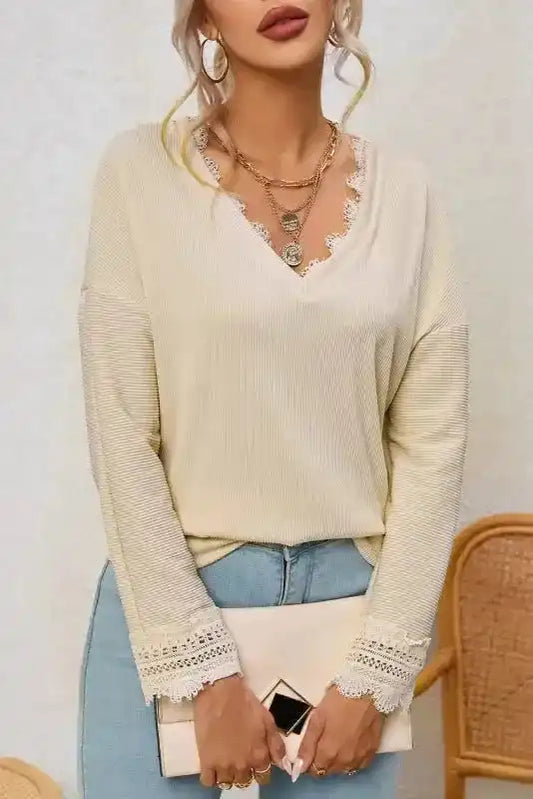 Apricot Ribbed Texture Lace Trim V Neck Long Sleeve Top - Fashionfitz