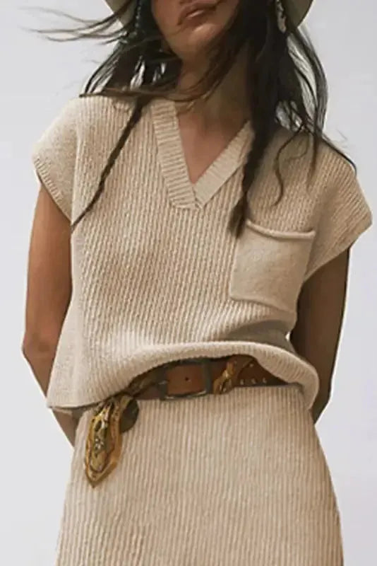 Apricot V-Neck Sweater - Ribbed Cap Sleeve - Fashionfitz