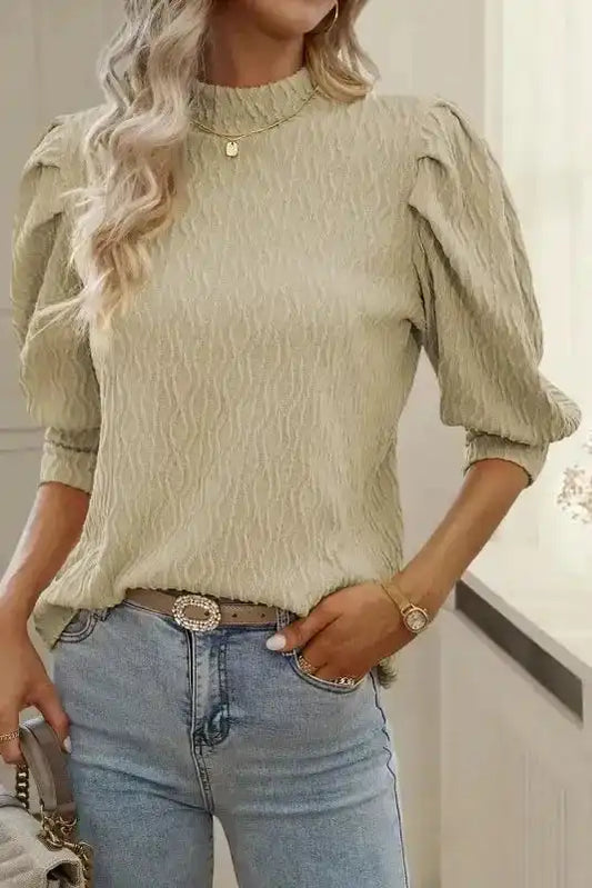 Apricot Vintage Textured Puff Sleeve Mock Neck Top - Fashionfitz