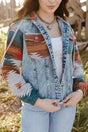 Woman wearing multicolor Aztec print hooded denim jacket with frayed hem front view Fashionfitz UK