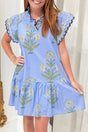 Blue Bold Floral Flutter Sleeve Mini Dress with Pockets Women UK