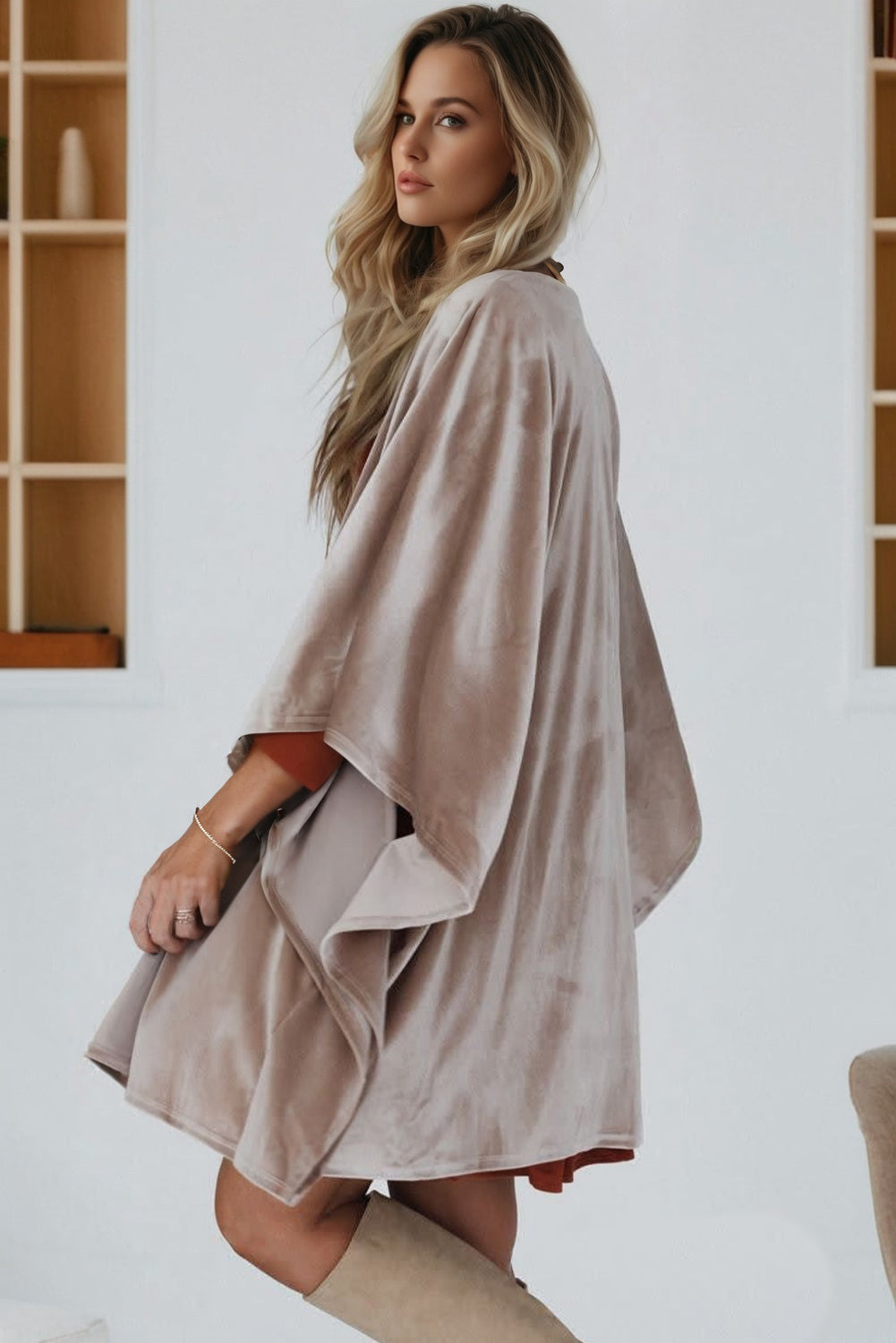 Open Front Draped Velvet Kimono