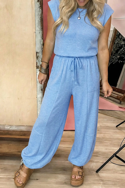 Beau blue cap sleeve matching top and jogger pants set