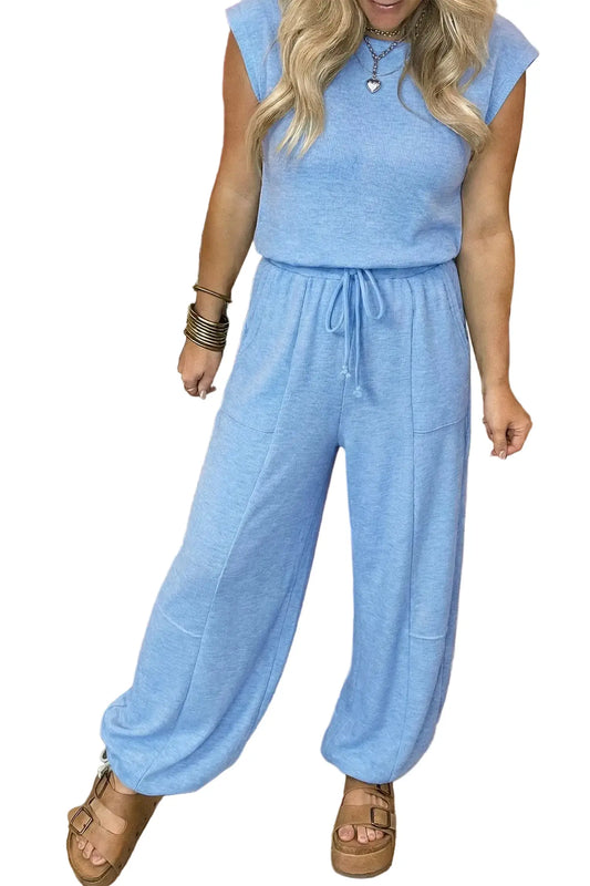 Beau blue cap sleeve top & jogger pants co-ord set outfit sets