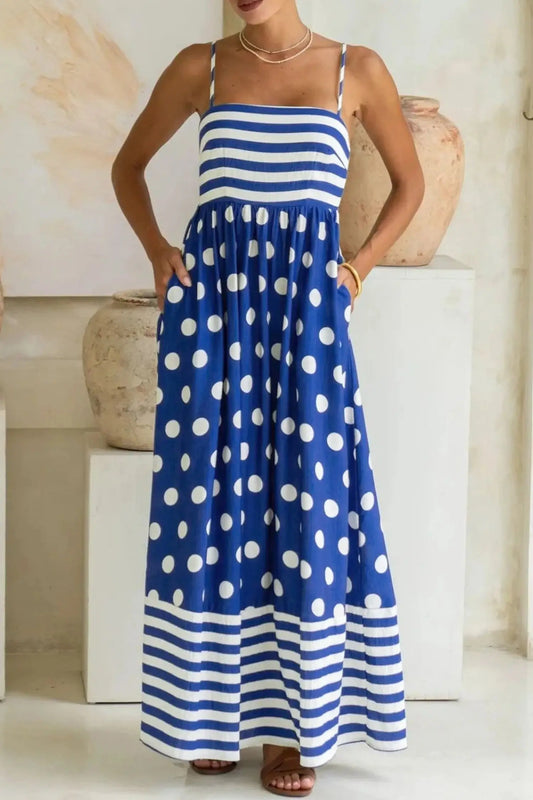 Blue striped polka dot patchwork high waist spaghetti strap maxi dress dresses