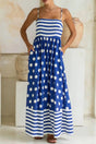 Blue striped polka dot patchwork high waist spaghetti strap maxi dress dresses