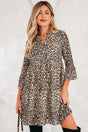 Khaki leopard v neck 3/4 sleeve mini swing dress