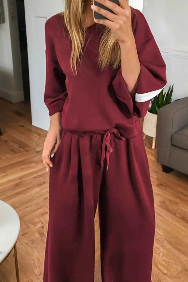 Co-ord knitted wide leg jogger with varsity stripes in burgundy