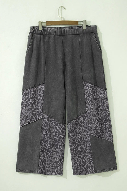 Plus Size Leopard Patchwork Mineral Wash Wide Leg Trousers