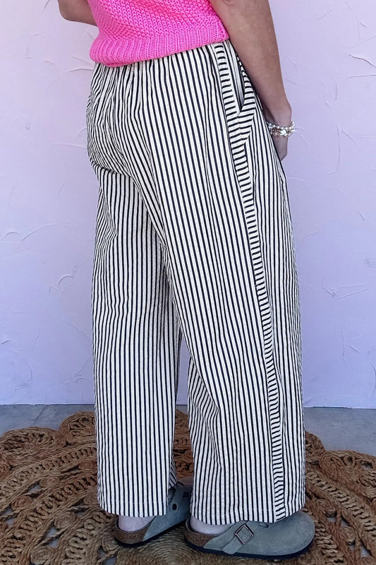 Black Stripe High Waist Wide Leg Drawstring Casual Trousers with Pockets